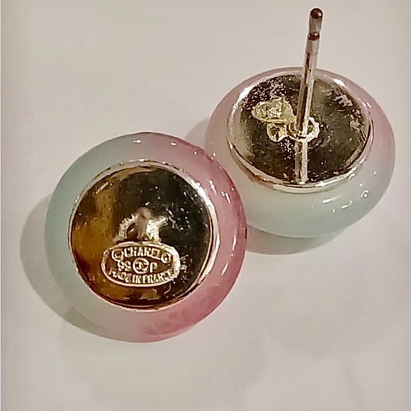 CHANEL ð CoCo Mark Resin Stud Earrings Silver CC Round Pink Vintage 99 P ð - Picture 8 of 16